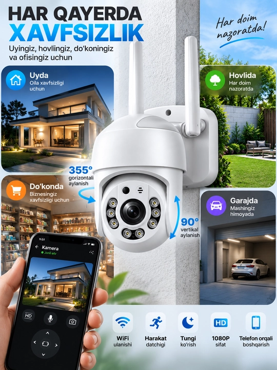 Aqlli Wi-Fi kamera, PTZ kuzatuv kamerasi tashqi kamera Full HD 360 darajali kamera