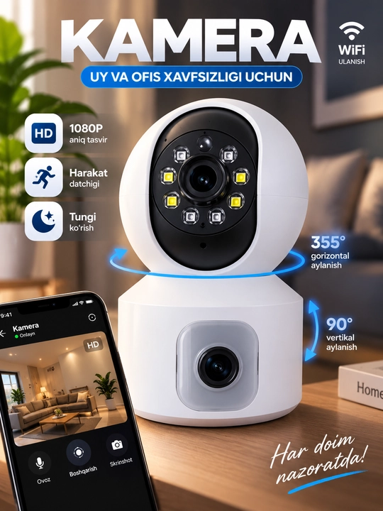 Aqlli Wi-Fi kamera, PTZ kuzatuv kamerasi tashqi kamera Full HD 360 darajali kamera - 