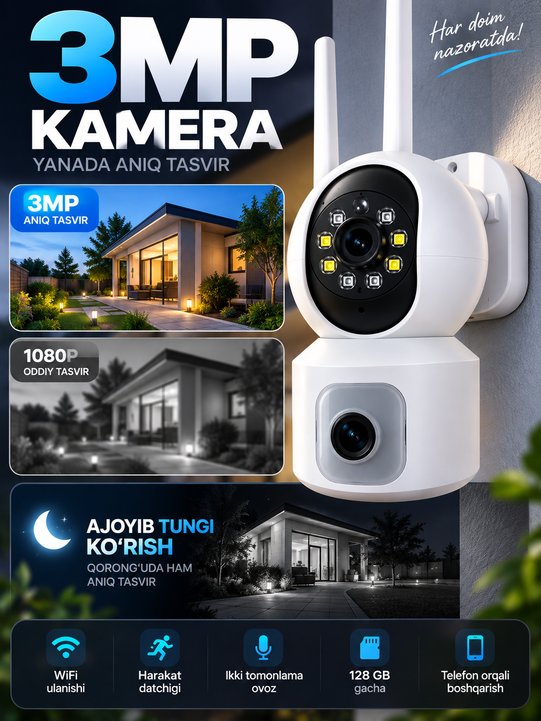 Aqlli Wi-Fi kamera, PTZ kuzatuv kamerasi tashqi kamera Full HD 360 darajali kamera