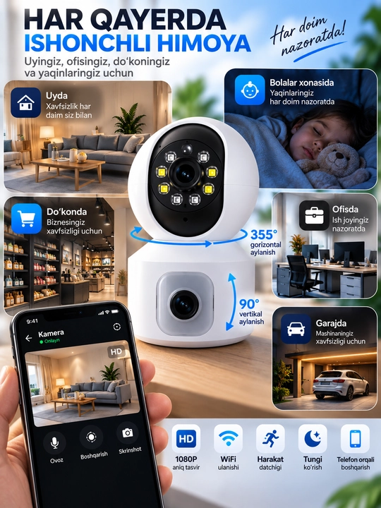 Aqlli Wi-Fi kamera, PTZ kuzatuv kamerasi tashqi kamera Full HD 360 darajali kamera