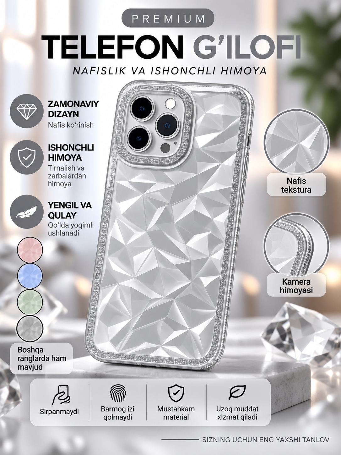IPhone uchun strasli yaltiroq, shaffof g‘ilof - 