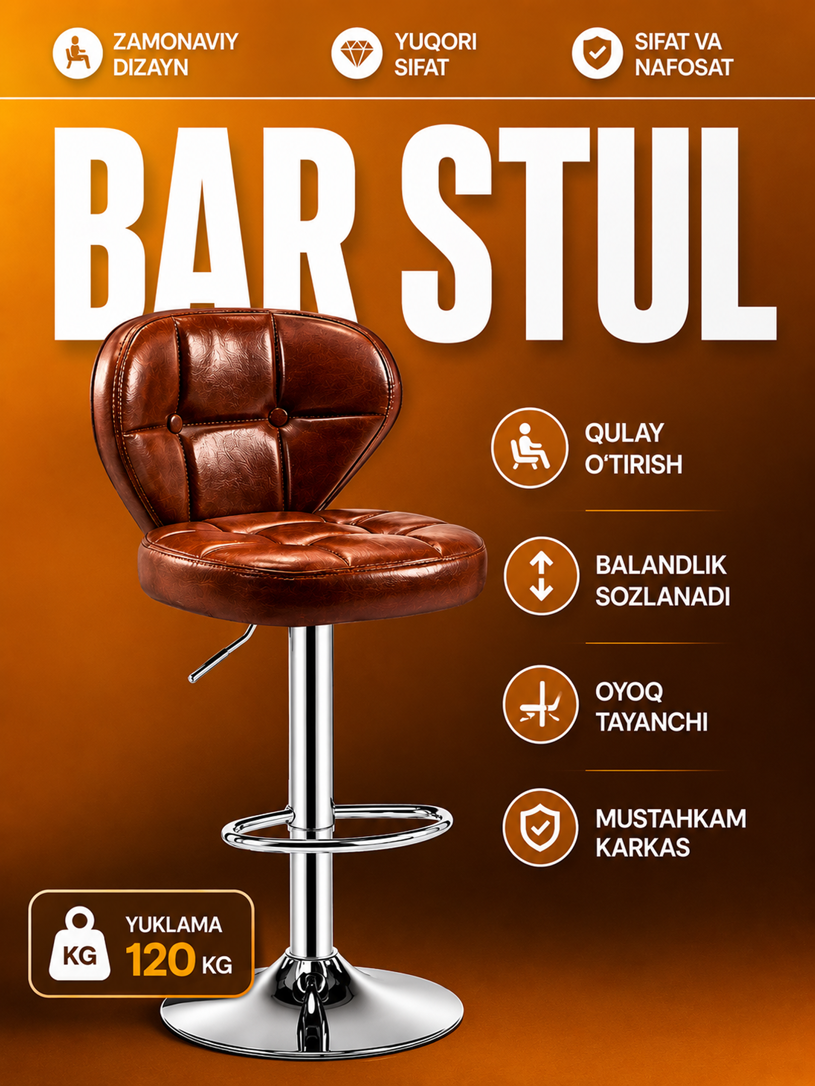 Oshxona stuli, bar stuli, suyanchiqli, 360° ga aylanadigan, balandligi bo‘yicha sozlanadigan 