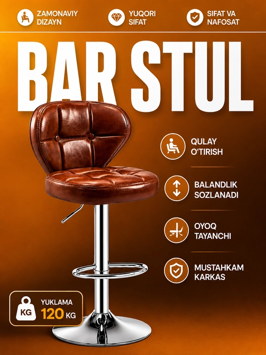 Oshxona stuli, bar stuli, suyanchiqli, 360° ga aylanadigan, balandligi bo‘yicha sozlanadigan 