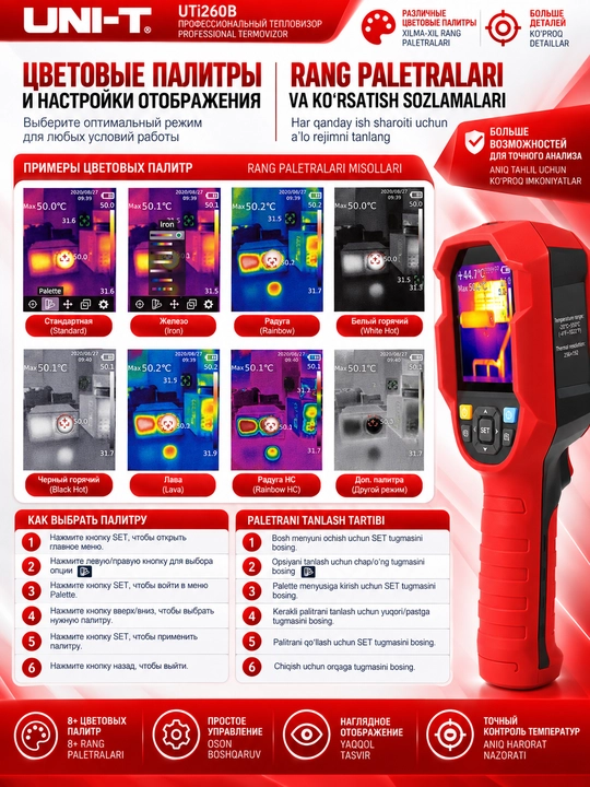 Тепловизор UNI-T UTi260B, инфракрасная камера, -20/550°C, 256×192, 2,8 дюйма, IP65