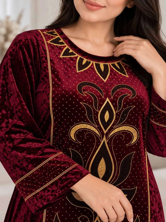 Ayollar velur kostyumi, tunika va shim, uzun yengli, naqshli, 46, 48, 50, 52 o‘lcham