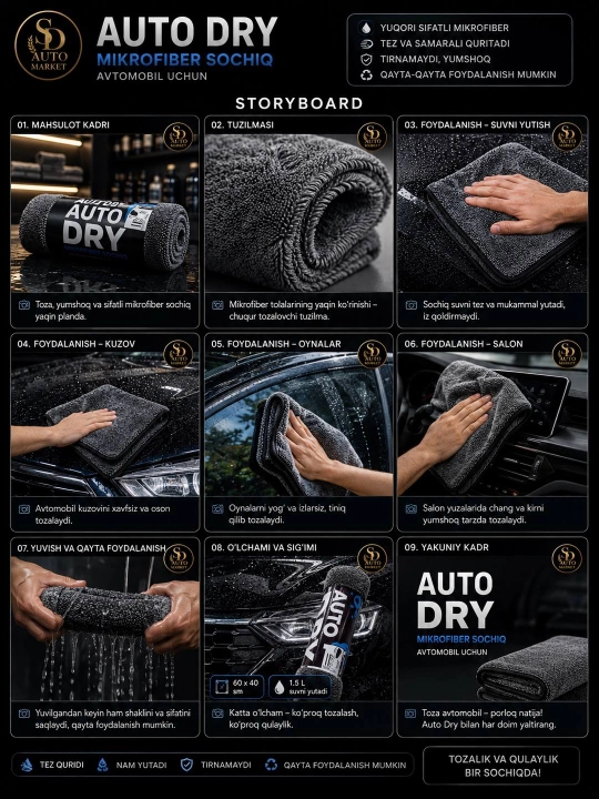 Микрофибровое полотенце Auto Dry для автомобиля, 60×40 см