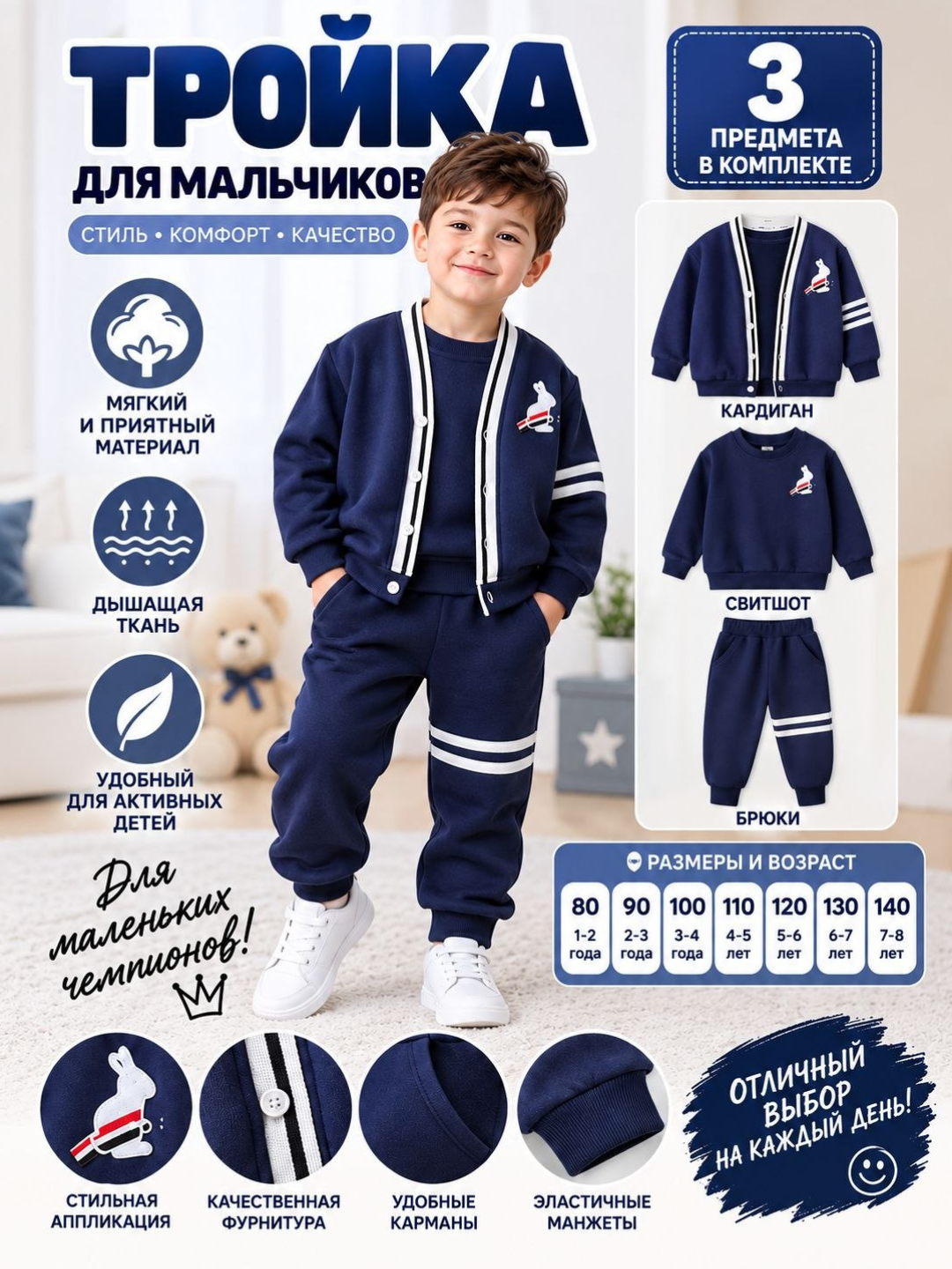 Детский спортивный костюм-тройка для мальчиков, кардиган, свитшот и брюки - 