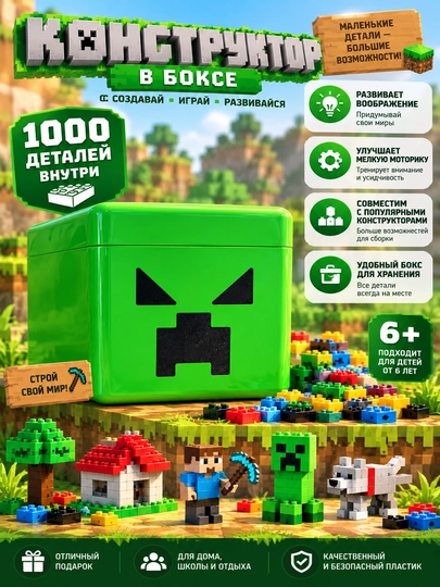 Bolalar konstruktori, boksda 1000 detal, Creeper / TNT konteyner, 6+