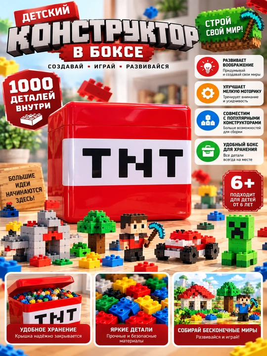 Bolalar konstruktori, boksda 1000 detal, Creeper / TNT konteyner, 6+