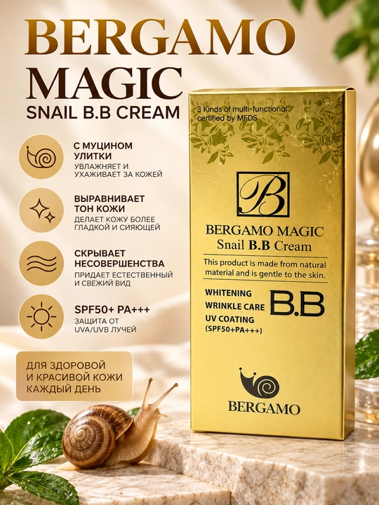 Bergamo Magic Snail tonallovchi BB-krem, teri rangini tekislashtiruvchi, SPF50+ PA+++ - 