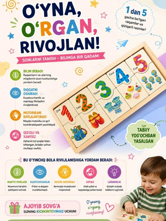 Bolalar uchun raqamlarni oʻrgaruvchi yogʻoch oʻyinchiq. Rus tiliga oʻgrip ber - 