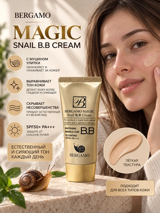 Bergamo Magic Snail tonallovchi BB-krem, teri rangini tekislashtiruvchi, SPF50+ PA+++