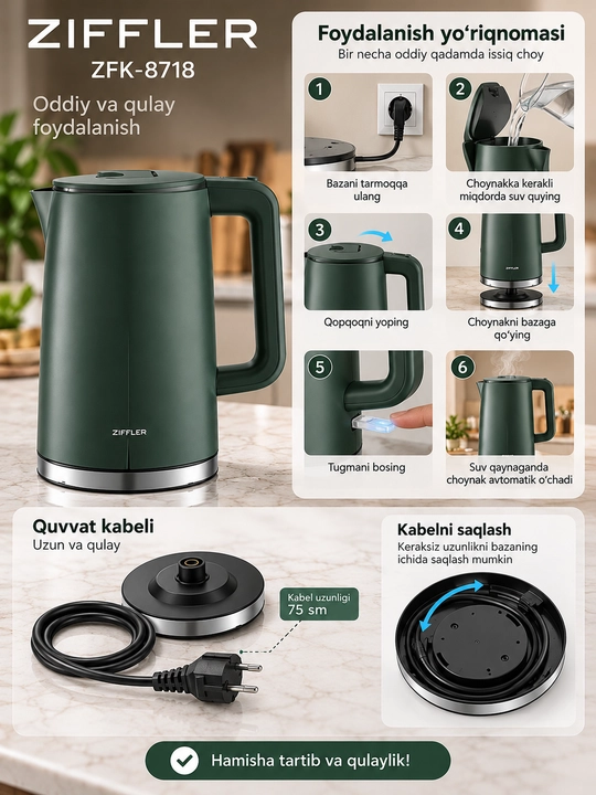 Nomi: ZIFFLER ZFK-8718 elektr choynak, 1.7 L, 1800 W, 360° baza, yashil