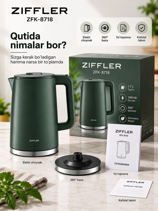 Nomi: ZIFFLER ZFK-8718 elektr choynak, 1.7 L, 1800 W, 360° baza, yashil