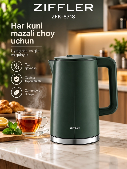 Nomi: ZIFFLER ZFK-8718 elektr choynak, 1.7 L, 1800 W, 360° baza, yashil - 