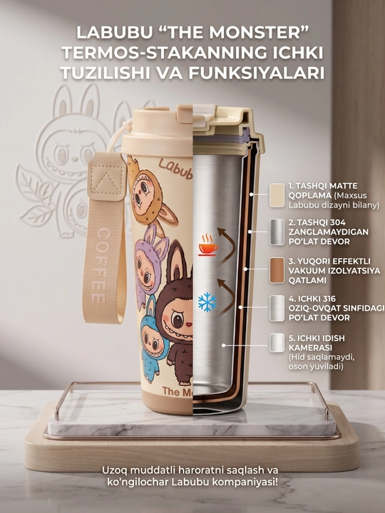 Trubochkali termo stakan va tasmali, bolalar hamda kattalar uchun sig'imli termos krujka