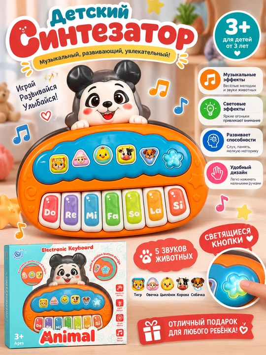Animal bolalar musiqiy sintezator-pianinosi, hayvonlar ovozi va yorug‘lik effektlari bilan - 
