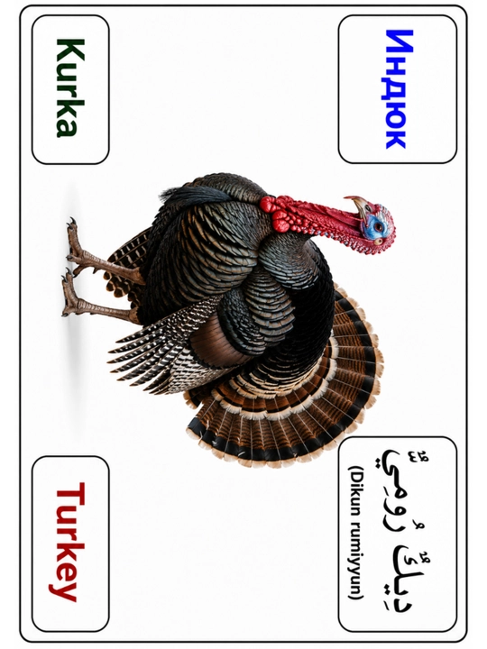 Uy hayvonlari — bolalar uchun o‘quv kartochkalari, o‘zbek, rus, ingliz va arab tillarida!