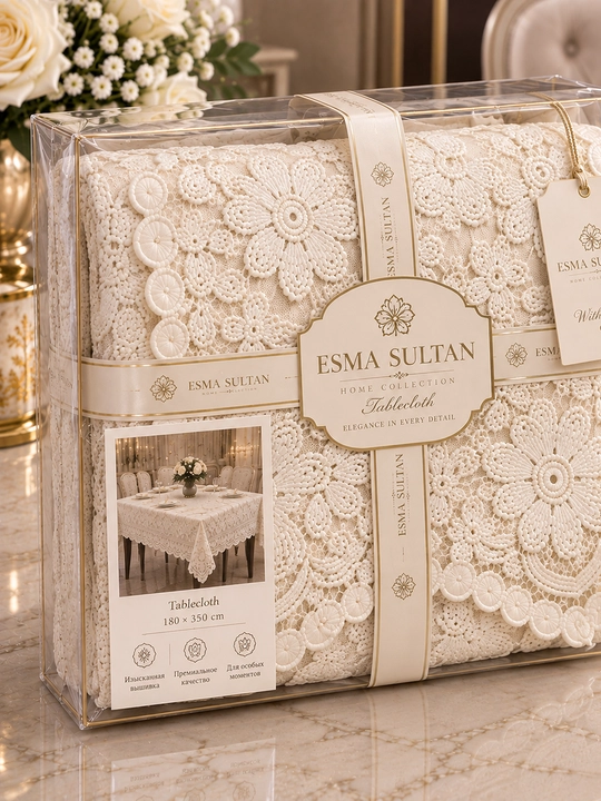 ESMA SULTAN Dasturxon — nafis kashtali, oq rang, 180×350 sm, bayramona stol uchun