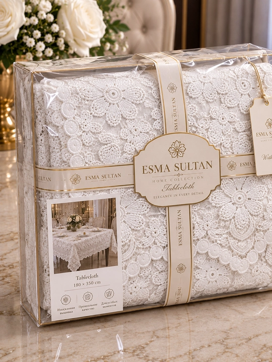 ESMA SULTAN Dasturxon — nafis kashtali, oq rang, 180×350 sm, bayramona stol uchun