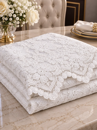 ESMA SULTAN Dasturxon — nafis kashtali, oq rang, 180×350 sm, bayramona stol uchun