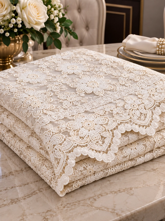 ESMA SULTAN Dasturxon — nafis kashtali, oq rang, 180×350 sm, bayramona stol uchun