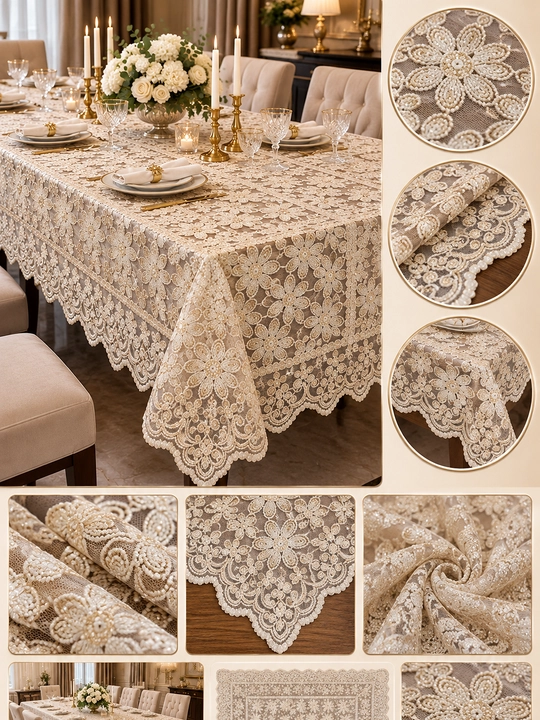 ESMA SULTAN Dasturxon — nafis kashtali, oq rang, 180×350 sm, bayramona stol uchun