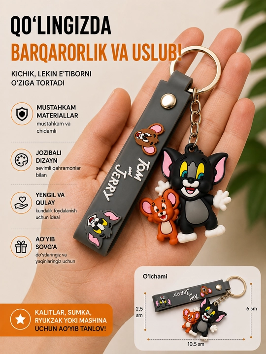 Kalitlar, sumka va ryukzak uchun tasmali va multqahramon figura tushirilgan silikon brelok