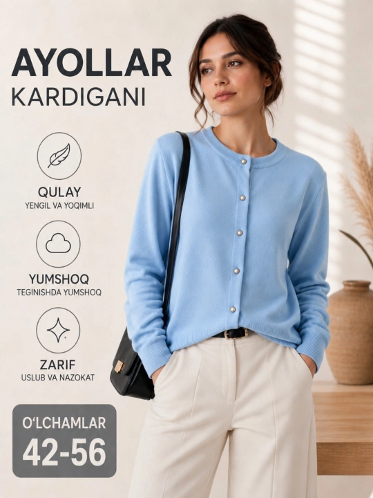Ayollar kardigani, tugmali, uzun yengli, kuzgi trikotaj ustki kiyim