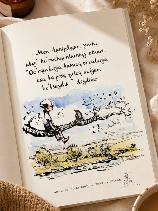 «Мальчик, Крот, Лис и Конь» — Чарли Маккизи, книга на узбекском языке