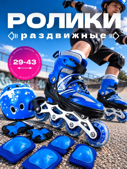 Роликовые коньки, ролики детские, с защитой, комплект роликов, раздвижные - 