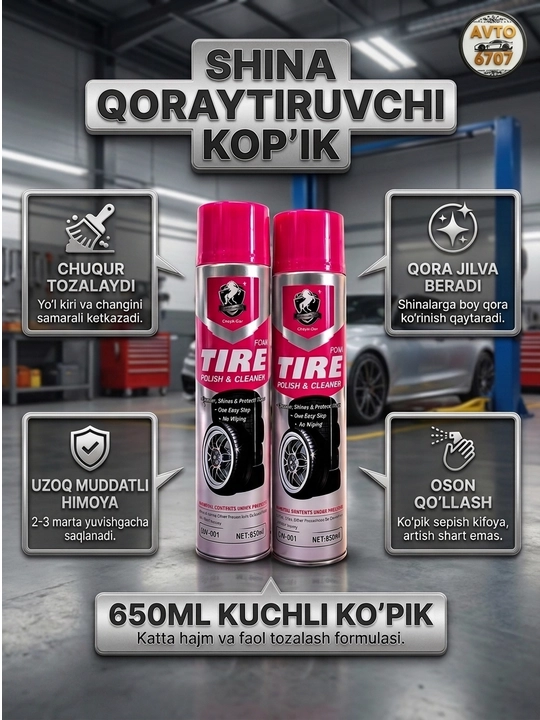 Пенный очиститель и чернитель шин Tire Foam, полироль, 650 мл