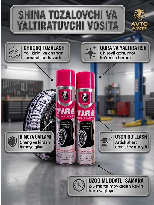 Пенный очиститель и чернитель шин Tire Foam, полироль, 650 мл