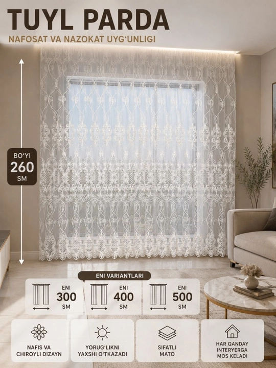 Tyul parda kashtali, nafis gulli, yengil va shaffof, bo‘yi 280 sm