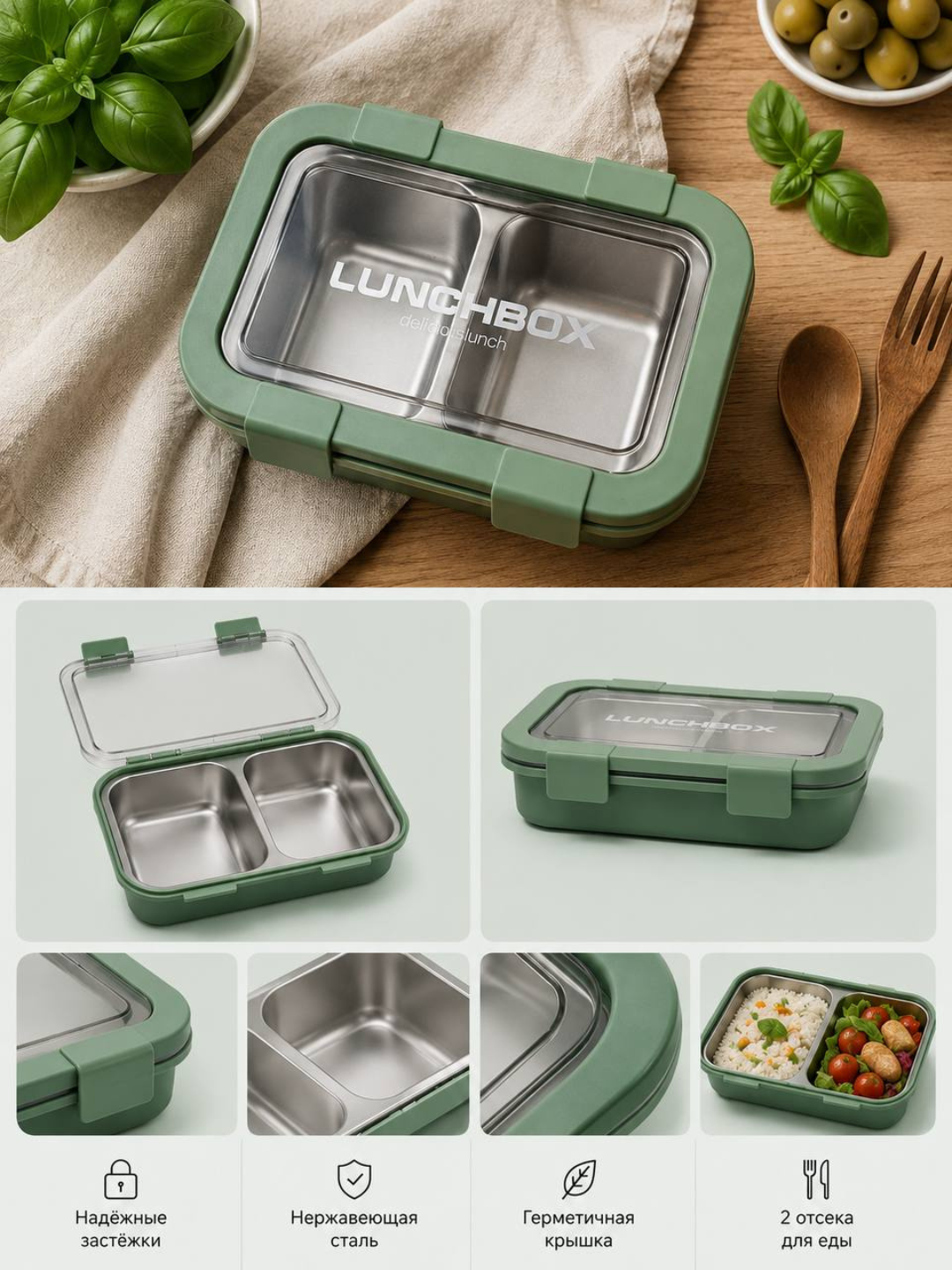 Zanglamaydigan po‘latdan tayyorlangan 2 bo‘limli lunch-box - 