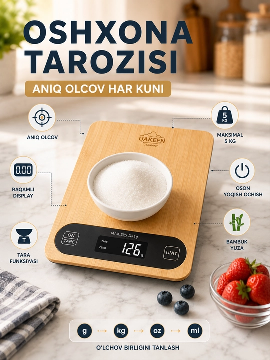 UAKEEN Электронные кухонные весы до 5 кг с точностью 1 г Цифровой дисплей Функция TARE