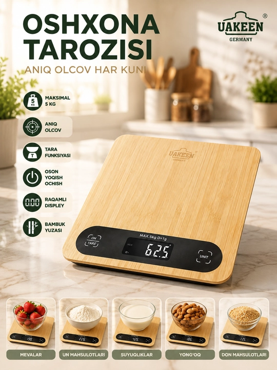 UAKEEN Elektron Oshxona Tarozisi 5 kg gacha 1 g aniqlikda Raqamli Displey Tare Funksiyasi - 
