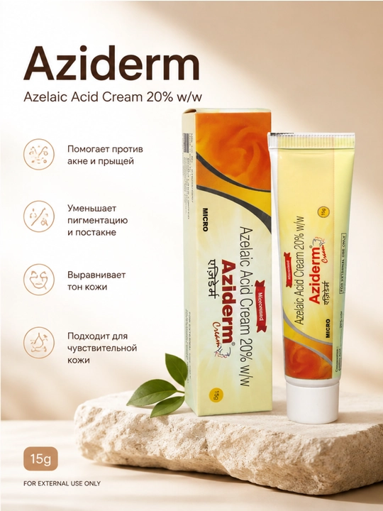 Aziderm крем 20% 15г — от акне, прыщей и пигментации Азелаиновая кислота aзелаин - 