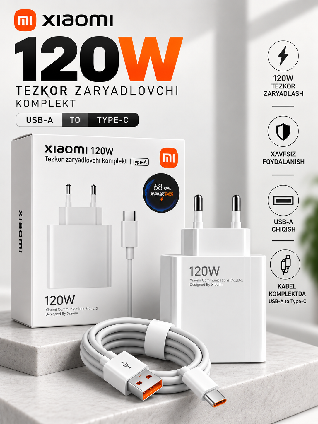 Xiaomi Hyper Charge Combo tezkor zaryadlovchi 33W / 67W / 120W, Type-C kabel bilan - 