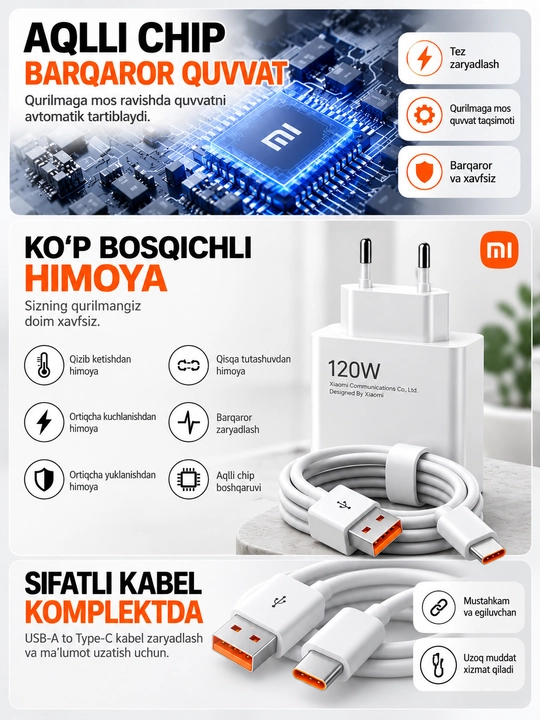 Xiaomi Hyper Charge Combo tezkor zaryadlovchi 33W / 67W / 120W, Type-C kabel bilan