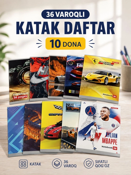36 varoqli katak daftar 5 dona, matematika uchun maktab daftari, kate daftari
