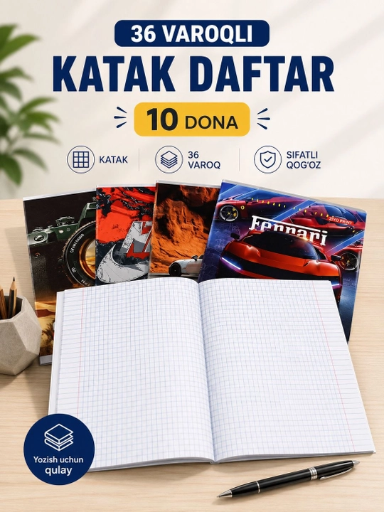 36 varoqli katak daftar 5 dona, matematika uchun maktab daftari, kate daftari