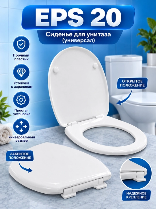 EPS 20 unitaz o‘rindig‘i, oq universal sidene, mustahkam plastik, qulay va sifatli modeli! - 