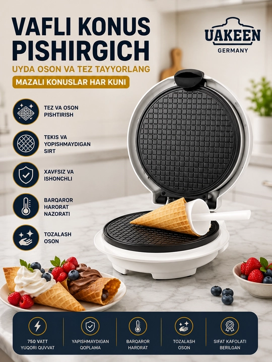 Uakeen Vafli Konus Pishirgich 750 Vt Uy Uchun Elektr Vafelnitsa - 