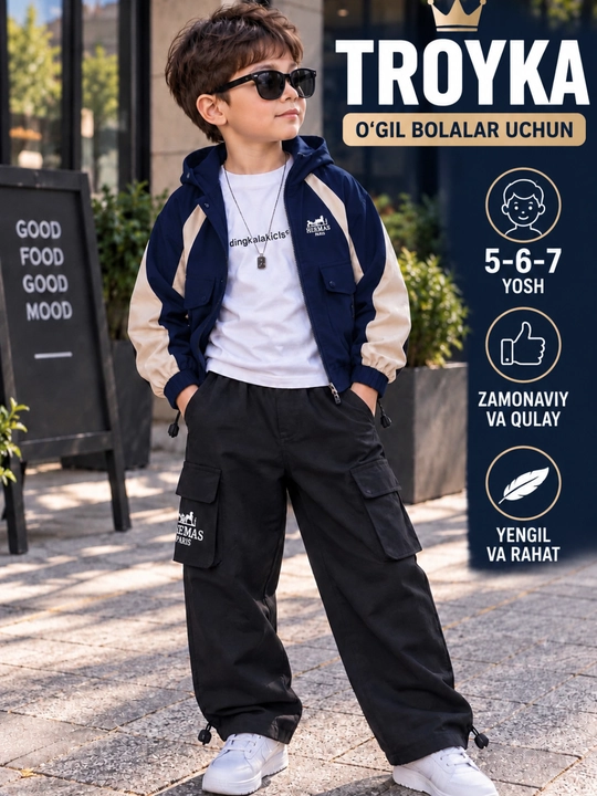 O‘g‘il bolalar uchun troyka, bolalar kiyimi, kurtka, longsleeve va cargo shim, 5–7 yosh - 