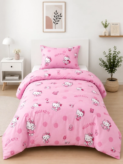 Детское постельное белье Hello Kitty, 1 спальное, 100% хлопок, розовое - 