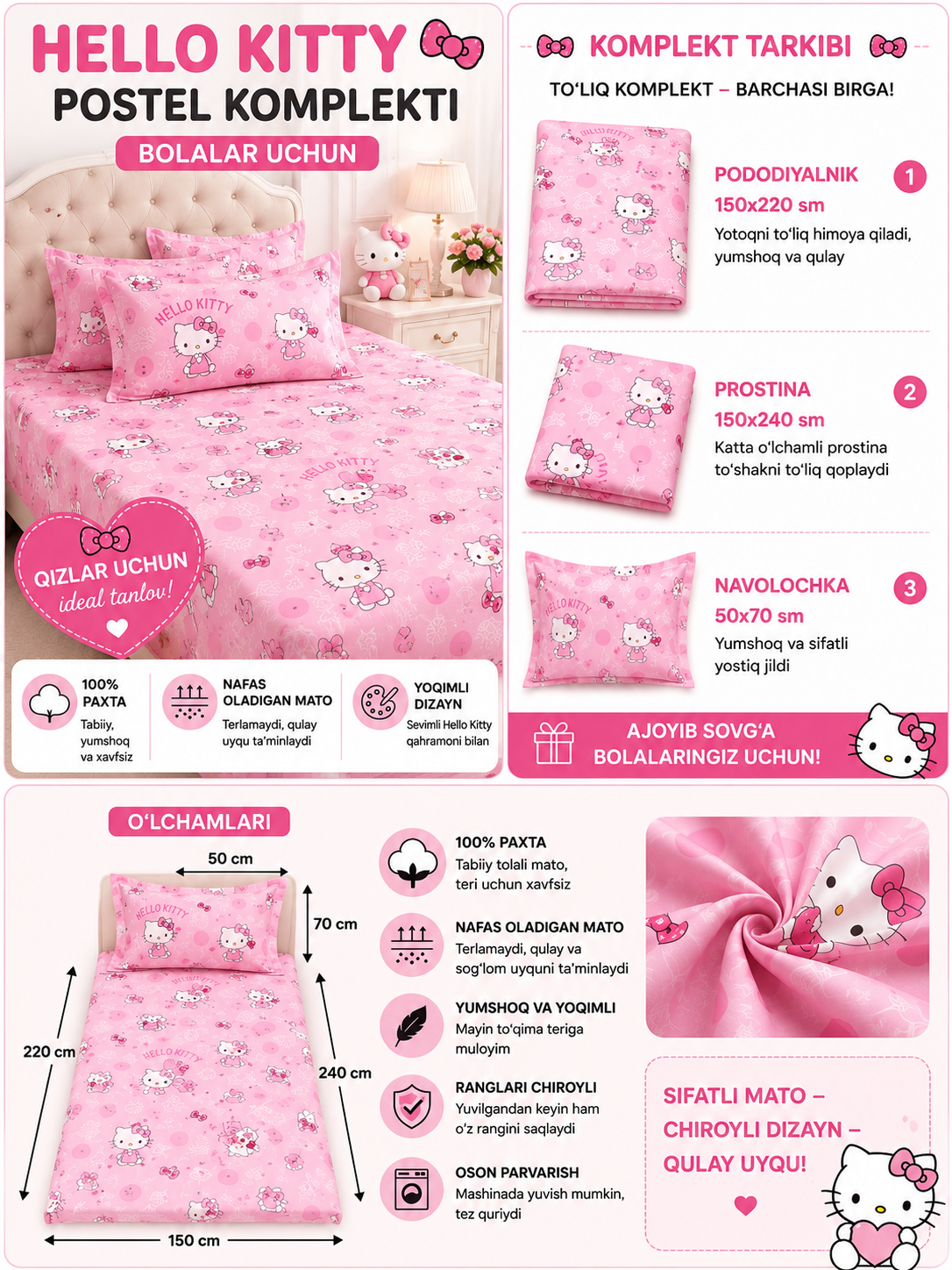 Детское постельное белье Hello Kitty, 1 спальное, 100% хлопок, розовое