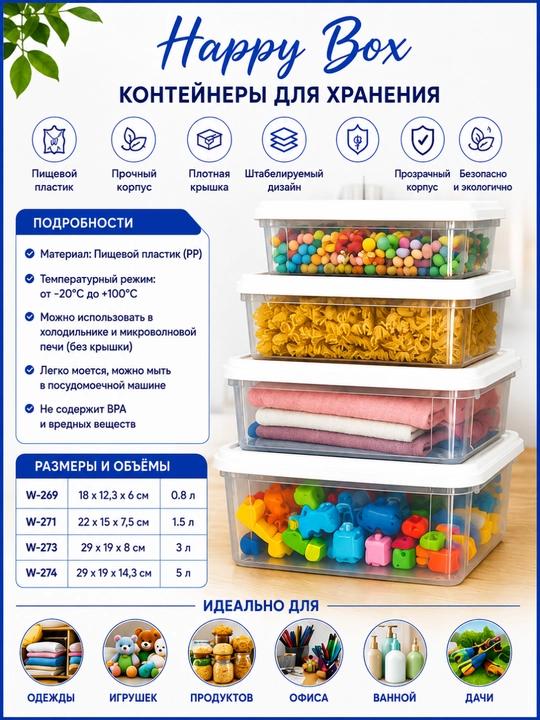 Happy Box plastik konteynerlar, qopqoqli, shaffof, uy va oziq-ovqat uchun, 0,8–5 litr hajm