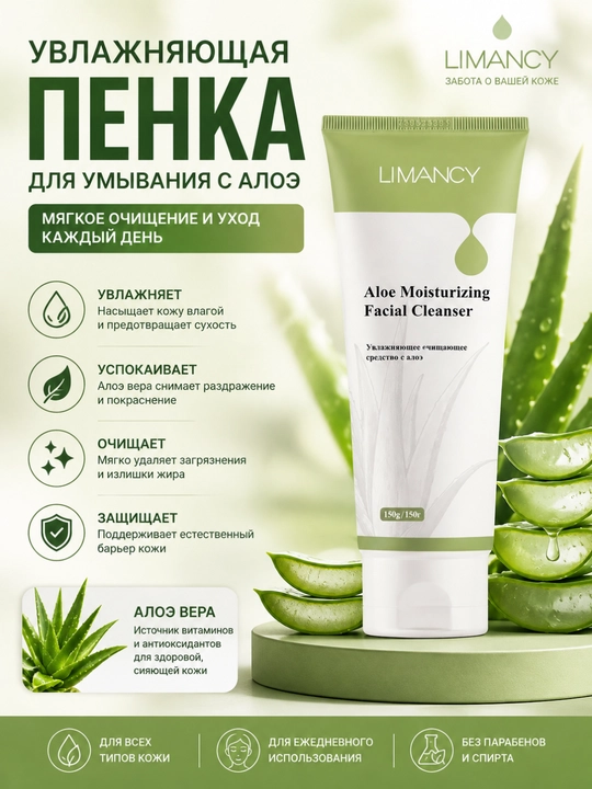 LIMANCY Aloe пенка для умывания с алоэ вера, увлажняющая, 150 г - 