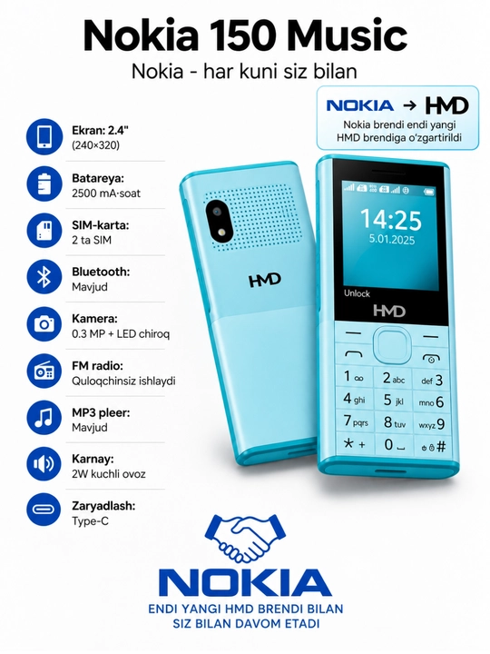 Nokia 150 HMD Music, кнопочный телефон, Dual SIM,  Type-C, Зарегистрирован(а) на uzmei